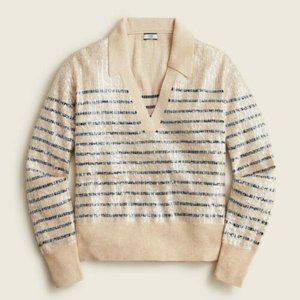 J. Crew Collection Collared sequin sweater in stripe Tan Navy Women M